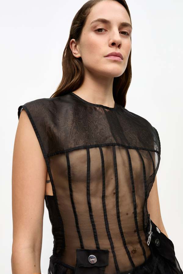 Ganni Technical Organza Corset Midi Dress - Black | Garmentory