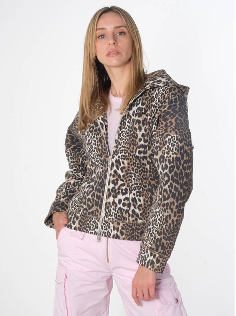 Ganni Leopard Heavy Fleece Zip Hoodie | Garmentory