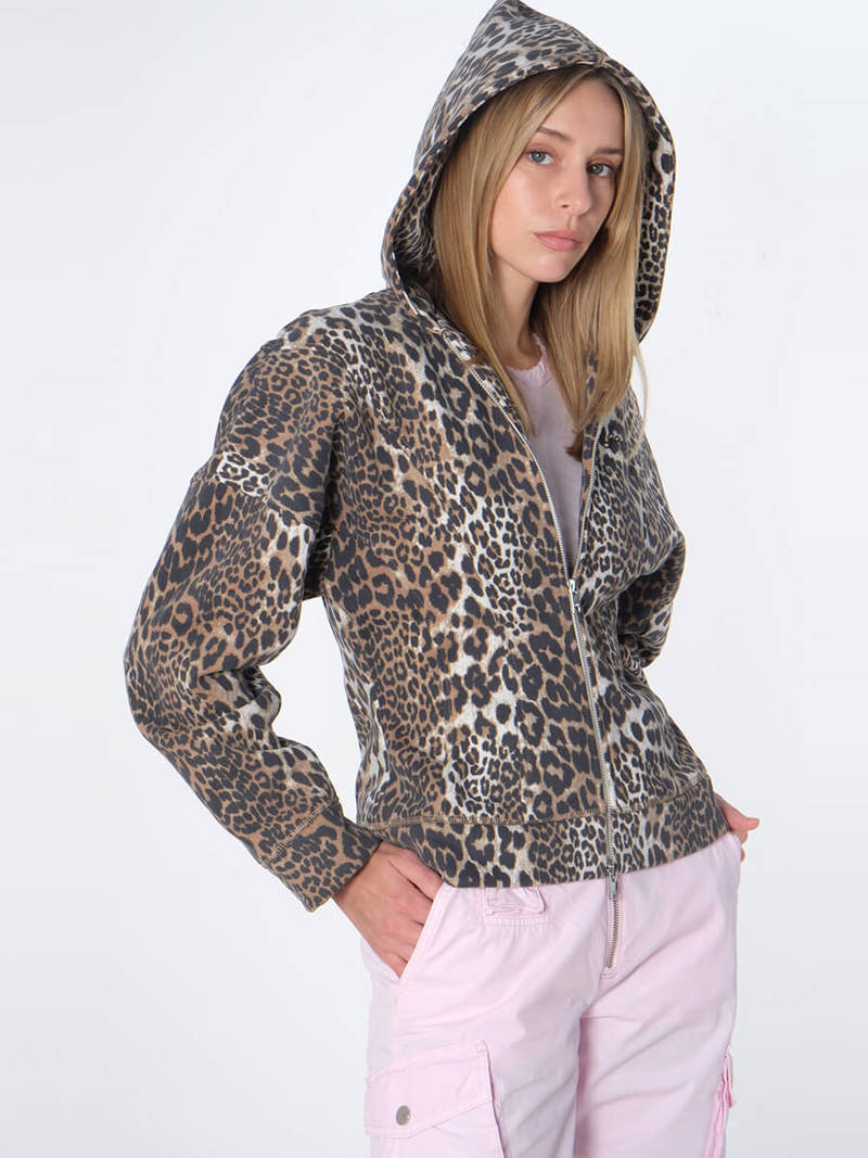 Ganni Leopard Heavy Fleece Zip Hoodie | Garmentory