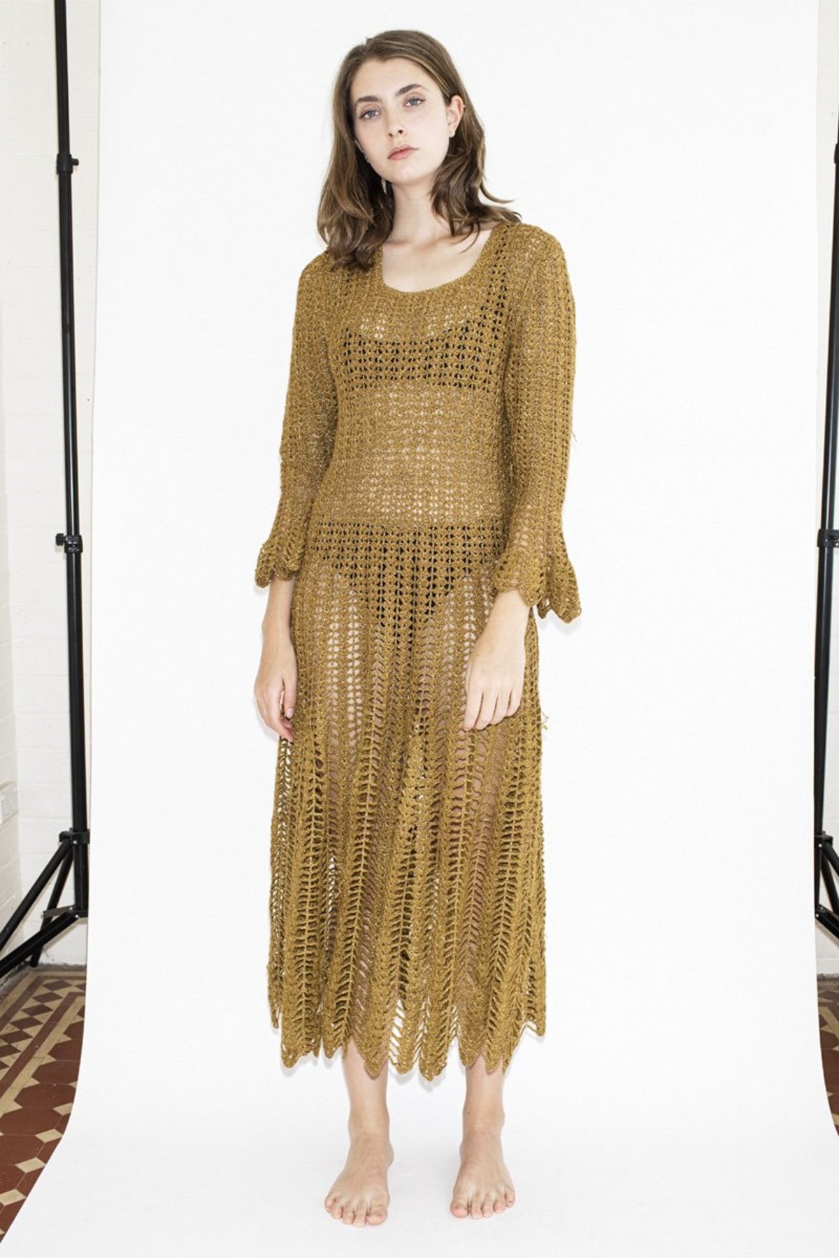 zara gold crochet dress Stylish Zara Crochet Dress OOTD with Gold Slides