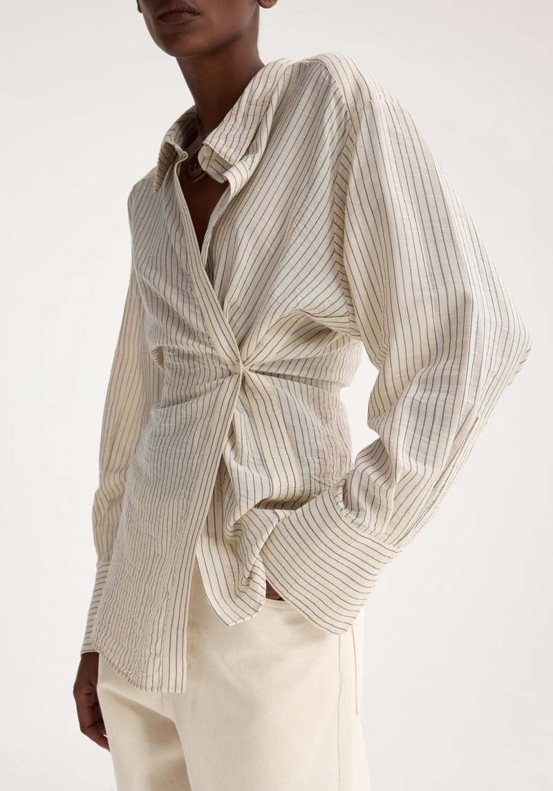 Rohe Asymmetric Waisted Striped Shirt - Cream/Navy Stripe