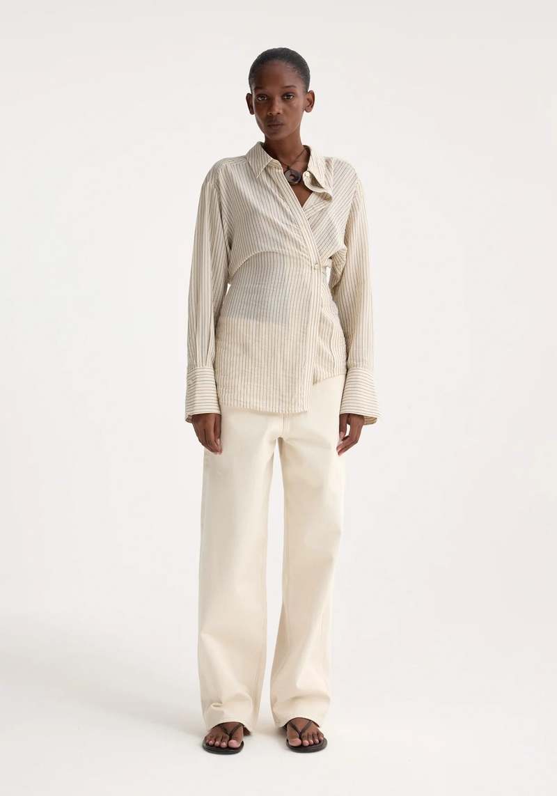 Rohe Asymmetric Waisted Striped Shirt - Cream/Navy Stripe