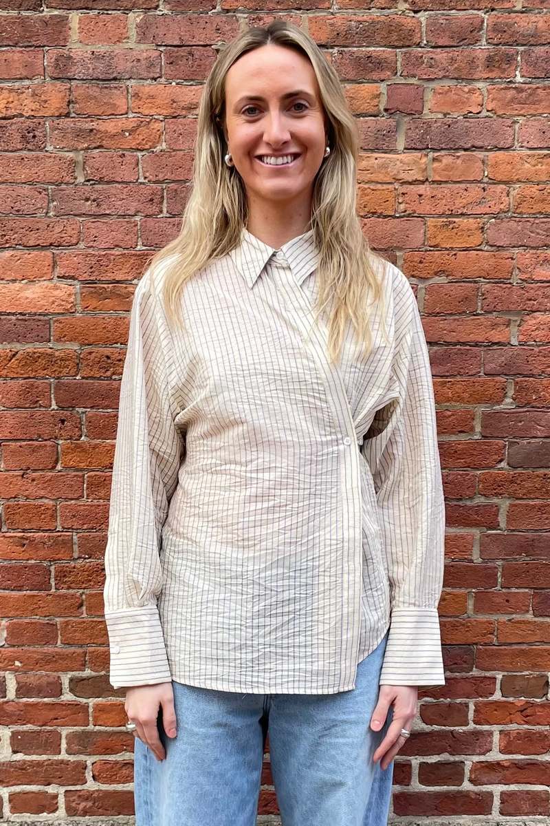 Rohe Asymmetric Waisted Striped Shirt - Cream/Navy Stripe