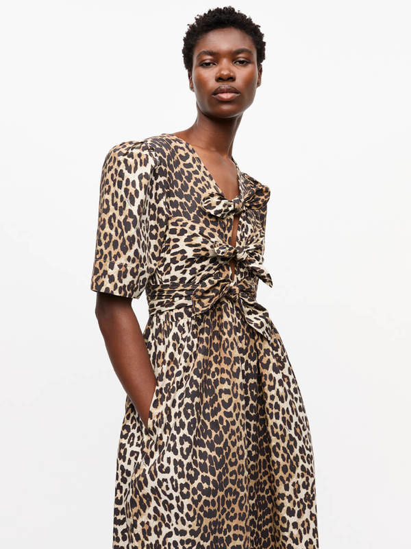Ganni Leopard Printed Cotton Tie Strap Midi Dress | Garmentory