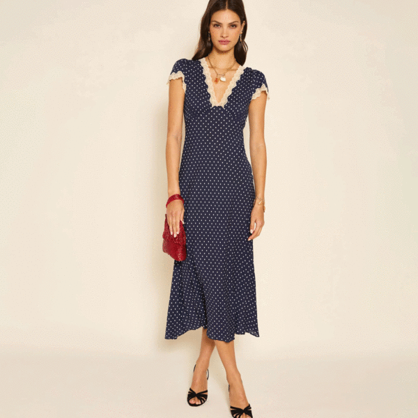 RIXO リキソー ブランド ワンピース Clarice polka-dot 1024715 Clarice Midi Dress in Polka Dot Navy