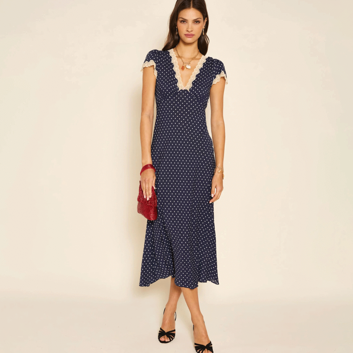 RIXO リキソー ブランド ワンピース Clarice polka-dot 1024715 Clarice Midi Dress in Polka Dot Navy