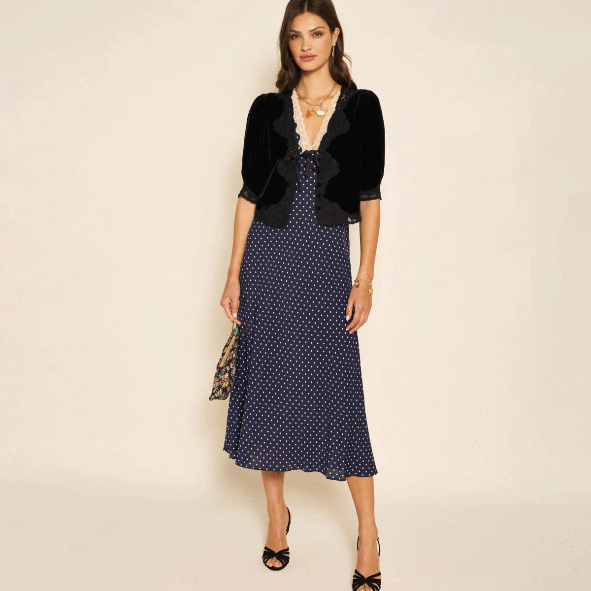 RIXO リキソー ブランド ワンピース Clarice polka-dot 1024715 Clarice Midi Dress in Polka Dot Navy