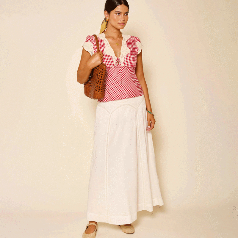 RIXO リキソー ブランド スカート Vienne embroidered 1024699 RIXO LONDON Vienne Cotton Midi Skirt - Ivory | Garmentory