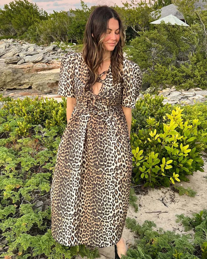Ganni Leopard Printed Cotton Tie Strap Midi Dress - Leopard