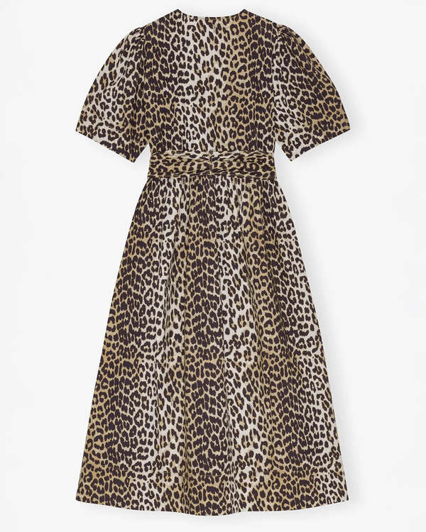 Ganni Leopard Printed Cotton Tie Strap Midi Dress - Leopard