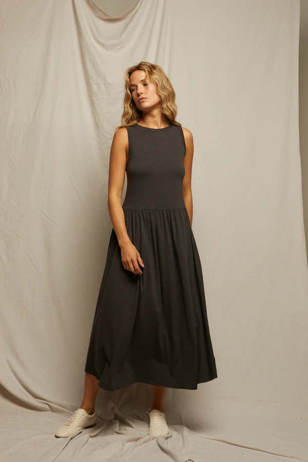 knee length dresses for ladies Shop Elementary Jersey Tiered Dress (Washed Olive)