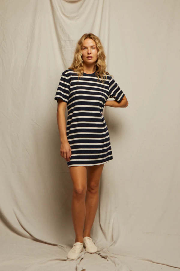 Perfect White Tee Rhett Recycled Cotton Striped Dress - Navy and Natural |  Garmentory