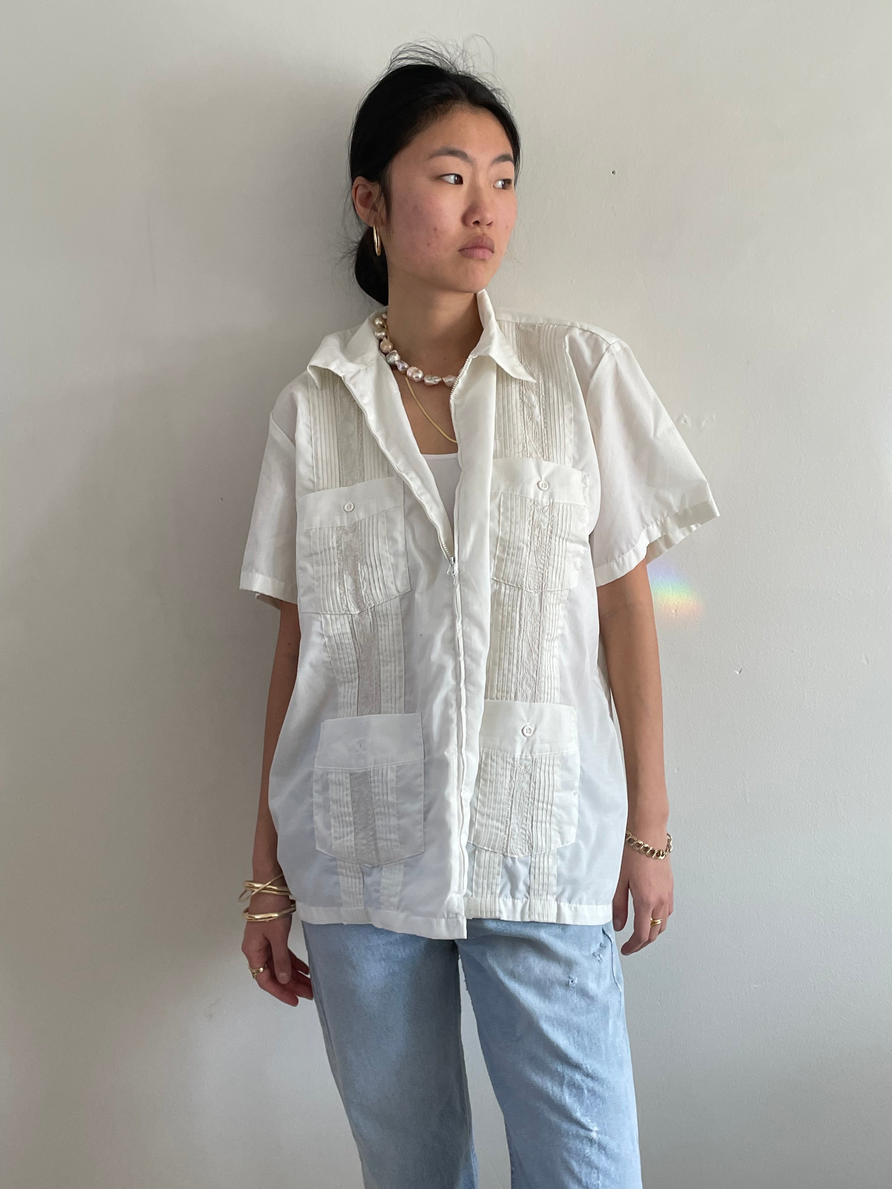 Haband Embroidered Zip Front Guayabera Short Sleeve Shirt - White