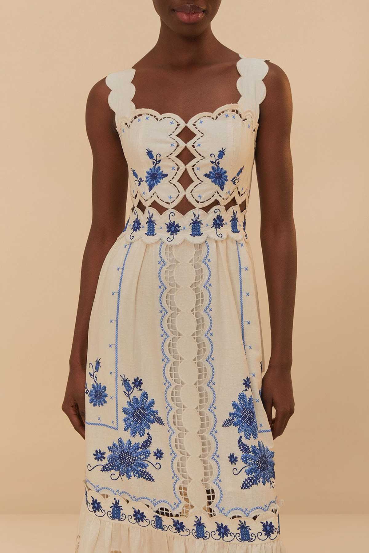 Farm Rio Cross Stitch Richeliue Sunflower Midi Dress - Off-White |  Garmentory