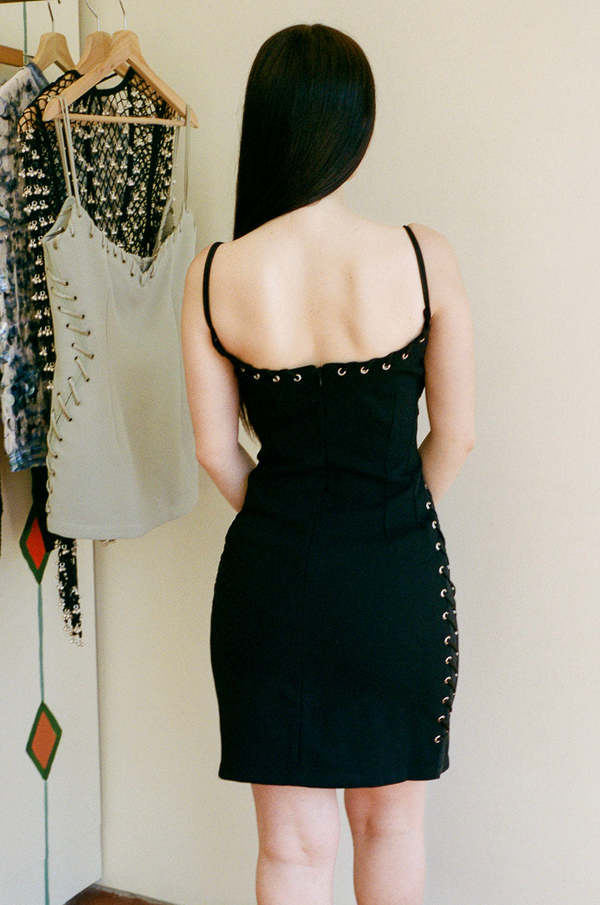 PARIS GEORGIA Eyelet Heart Mini Dress - Black | Garmentory PARIS GEORGIA Eyelet Heart Mini Dress - Black | Garmentory