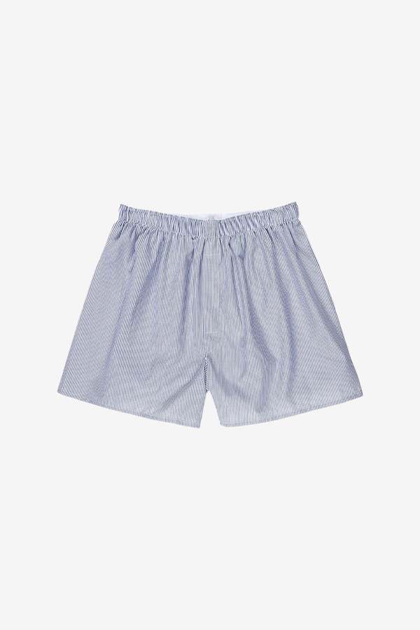Sunspel Cotton Poplin Boxer Short - White / Navy / Light Blue Pinstripe Sunspel Cotton Poplin Boxer Short - White / Navy / Light Blue Pinstripe