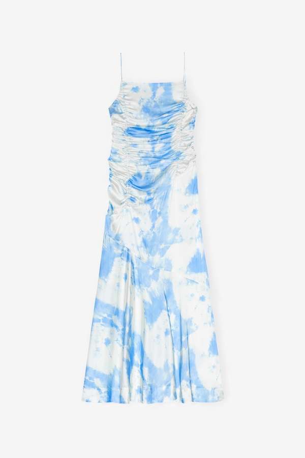Ganni Printed Satin Ruched Long Slip Dress