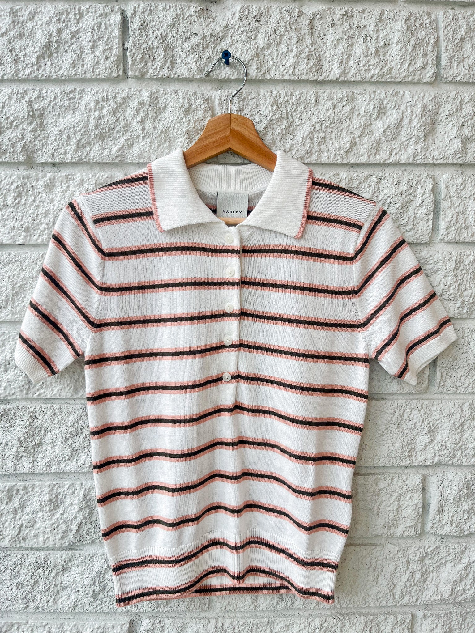 Varley Faustine Button Neck Polo - White Pink Ivy Stripe | Garmentory