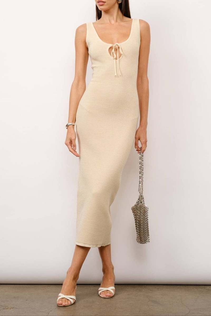 knit beige dress Beige Knit Dress High Neck Sleeveless Midi