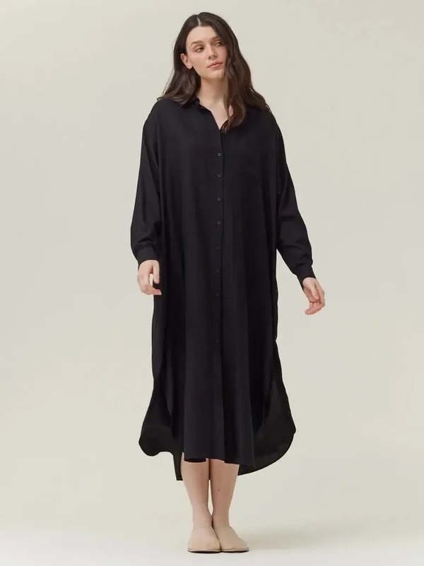 chinese dress ladies Bobi Button Front Maxi Shirt Dress- Black ***FINAL SALE*** – Hand In Pocket main image 0