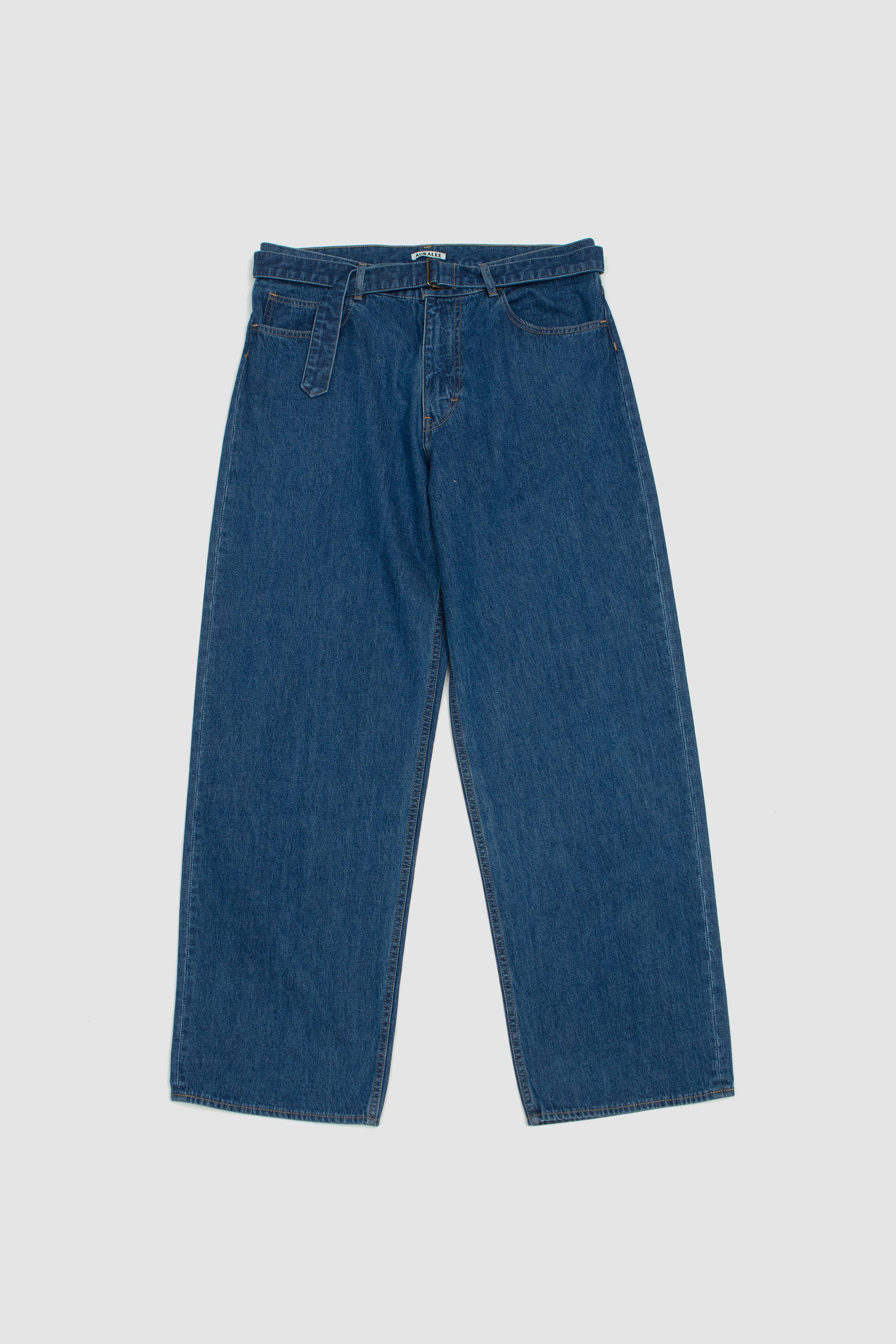 Auralee Selvedge Denim Belted Pants - Medium Washed Indigo 