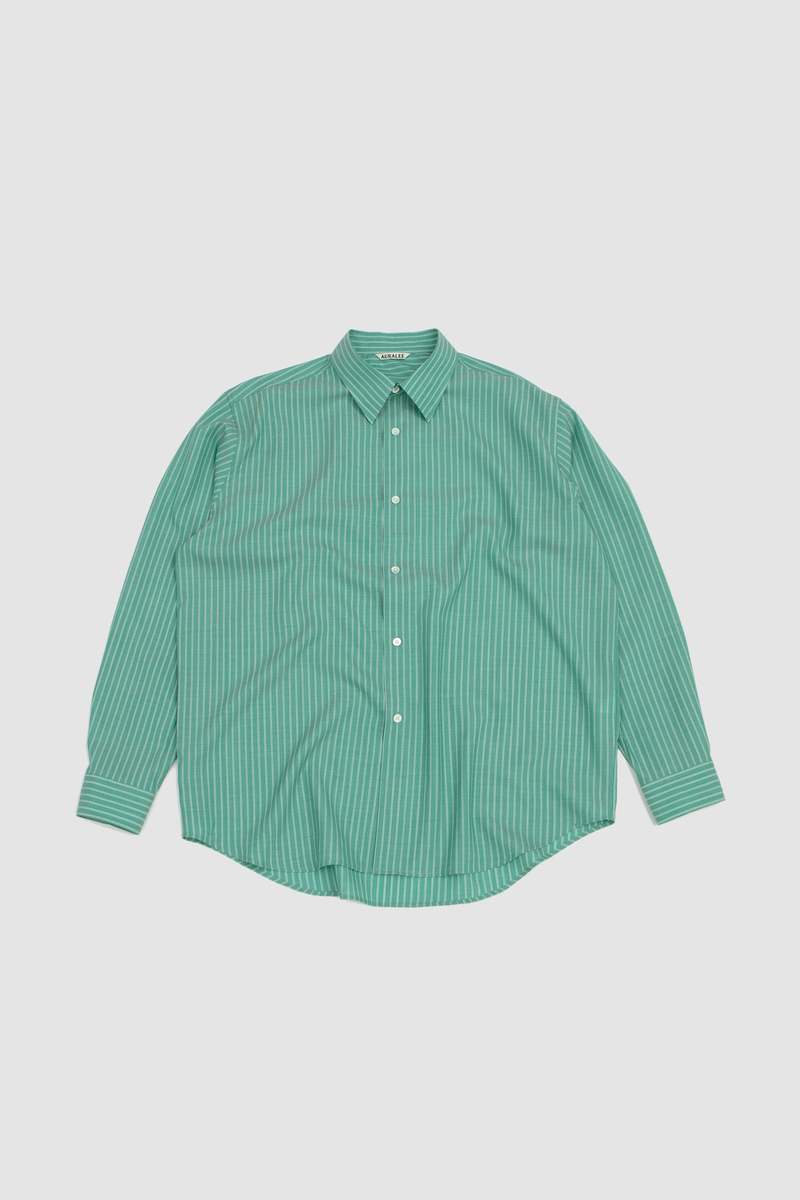 Auralee Super Fine Wool Stripe Shirt - Green Stripe | Garmentory