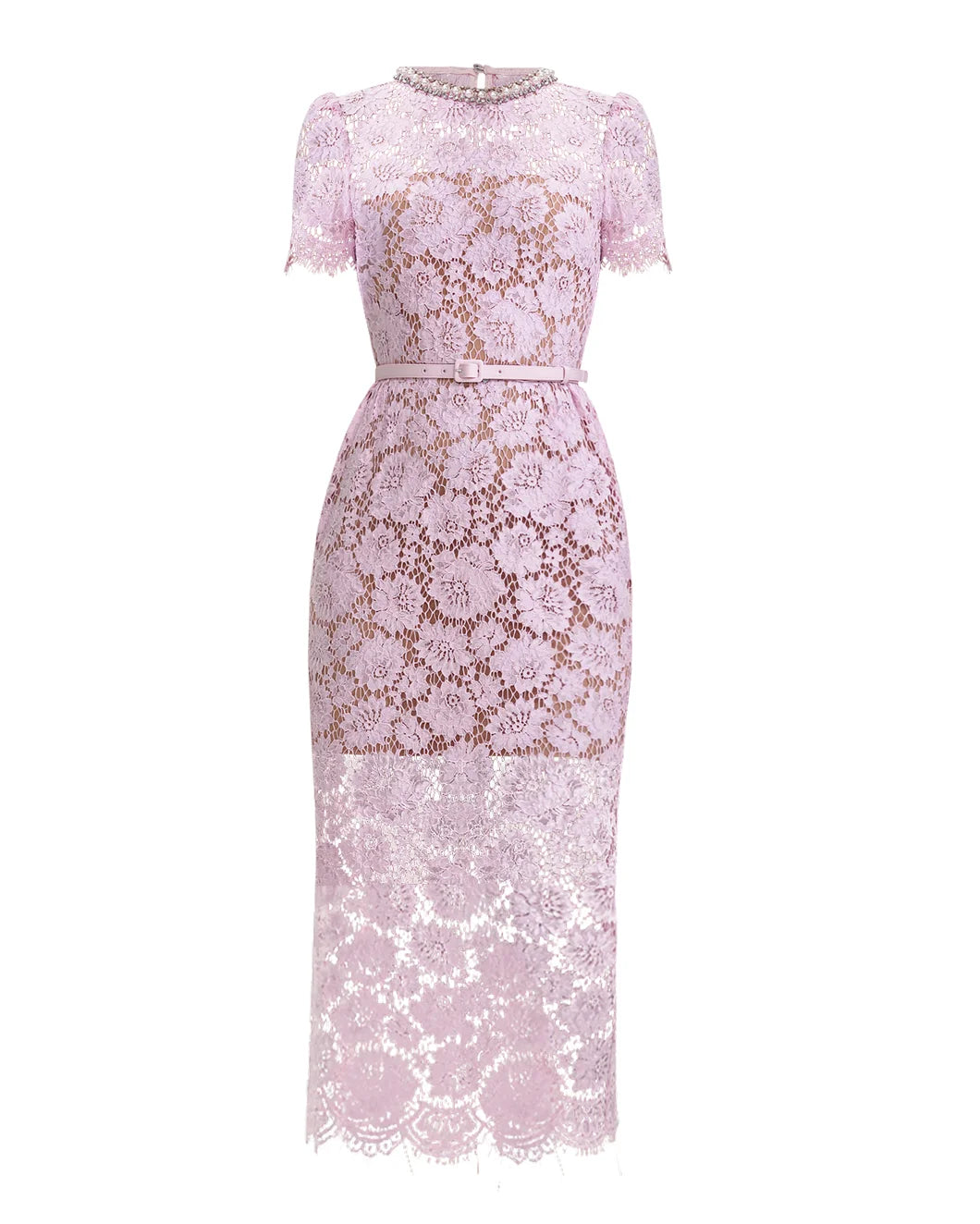 Self-Portrait Pink Fine Lace Pearl Midi Dress | Garmentory