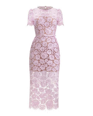 Self-Portrait Pink Fine Lace Pearl Midi Dress | Garmentory