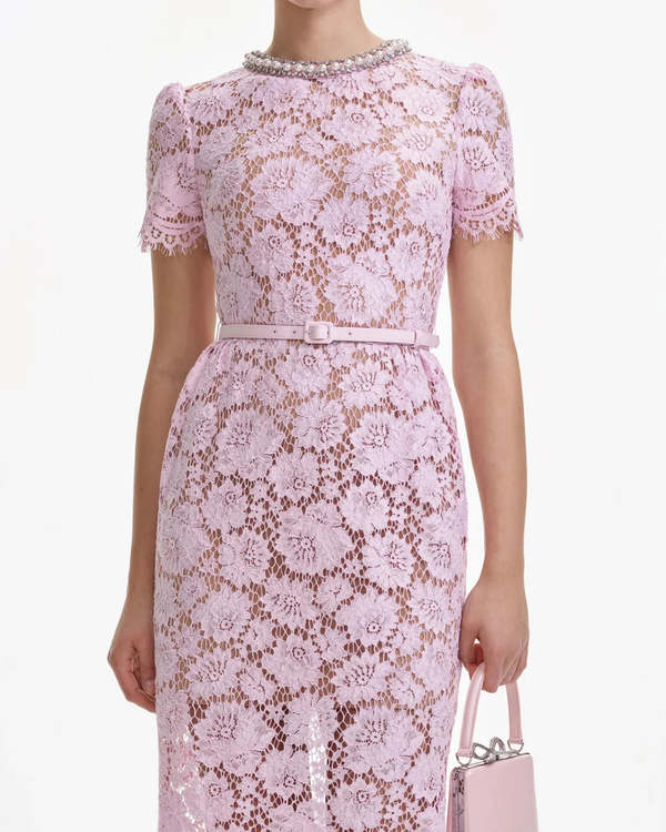 Self-Portrait Pink Fine Lace Pearl Midi Dress | Garmentory