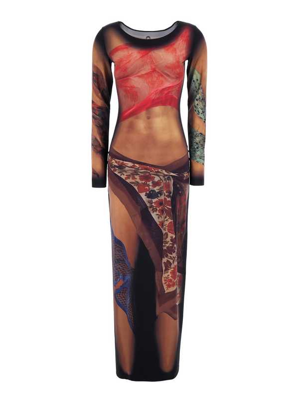 MARINE SERRE Long Dress With All-Over Graphic Print In Tech Fabric -  Multicolor | Garmentory