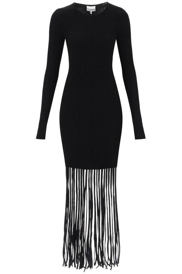 Ganni Ribbed-Knit Dress With Fringes - Black on Garmentory