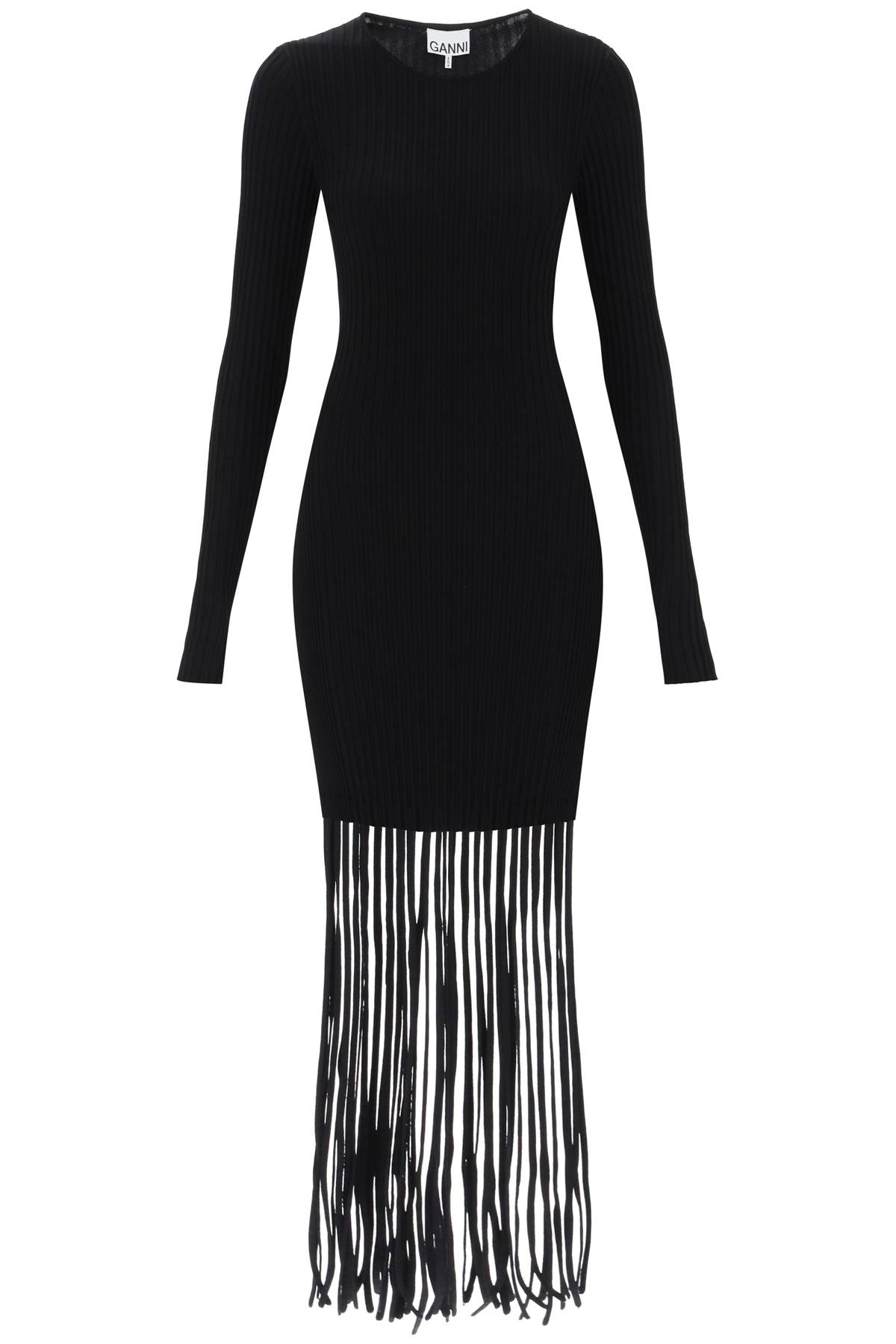 Ganni Ribbed-Knit Dress With Fringes - Black