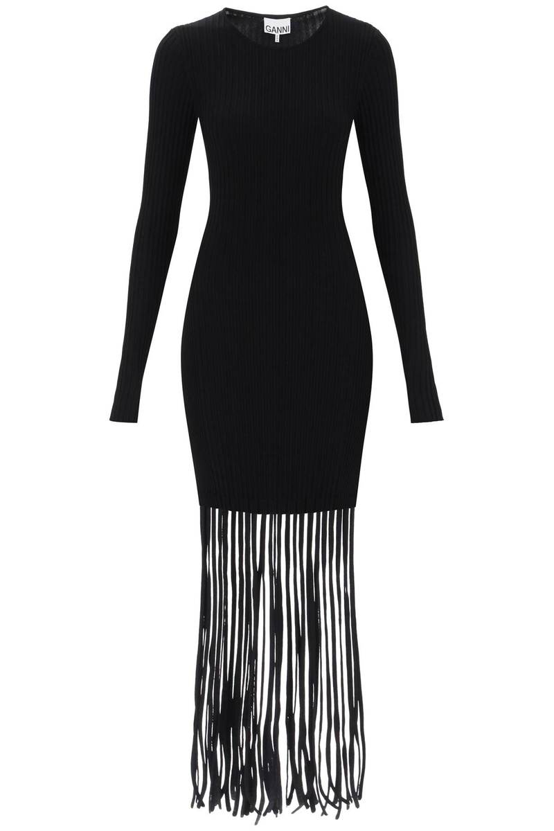 ganni black knit dress Ganni Ribbed-Knit Dress With Fringes