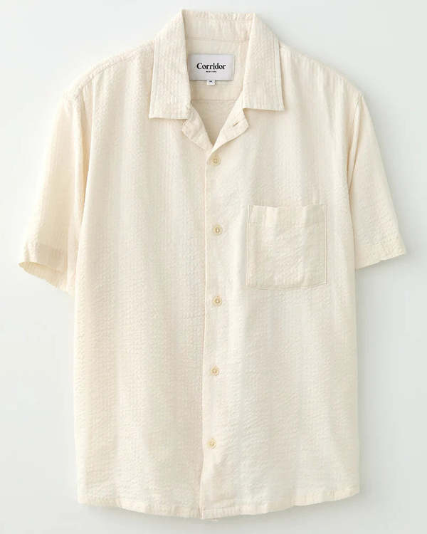 Corridor White Striped Seersucker Short Sleeve Button Up Shirt Corridor White Striped Seersucker Short Sleeve Button Up Shirt