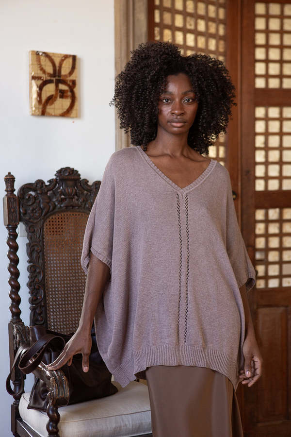 Erica Tanov Pima Cotton V Neck Cocoon Sweater - Haze