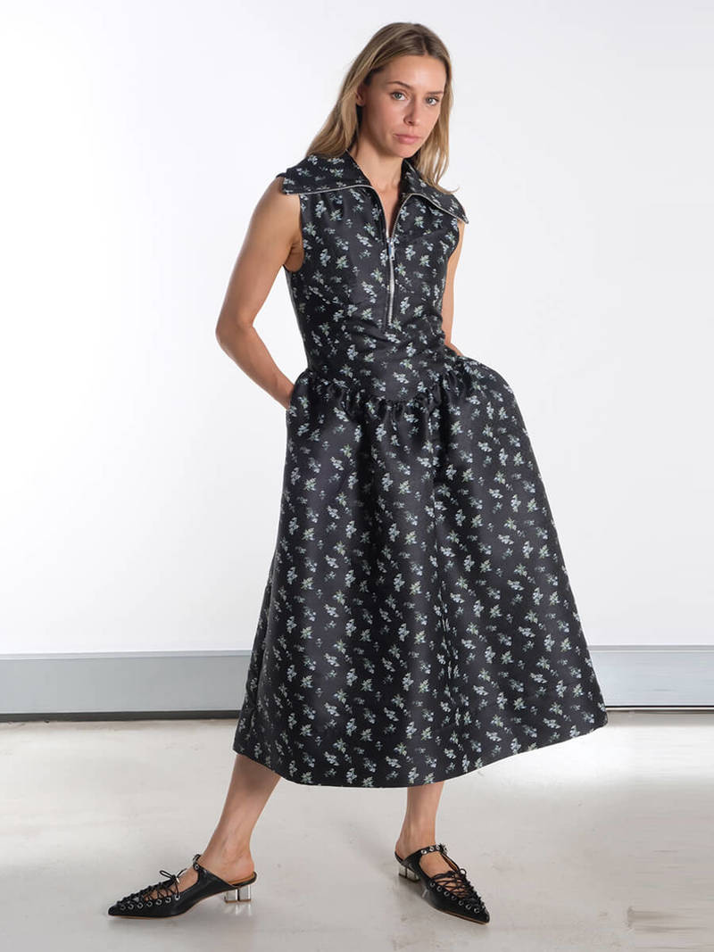 Ganni Black Floral Jacquard Midi Dress | Garmentory