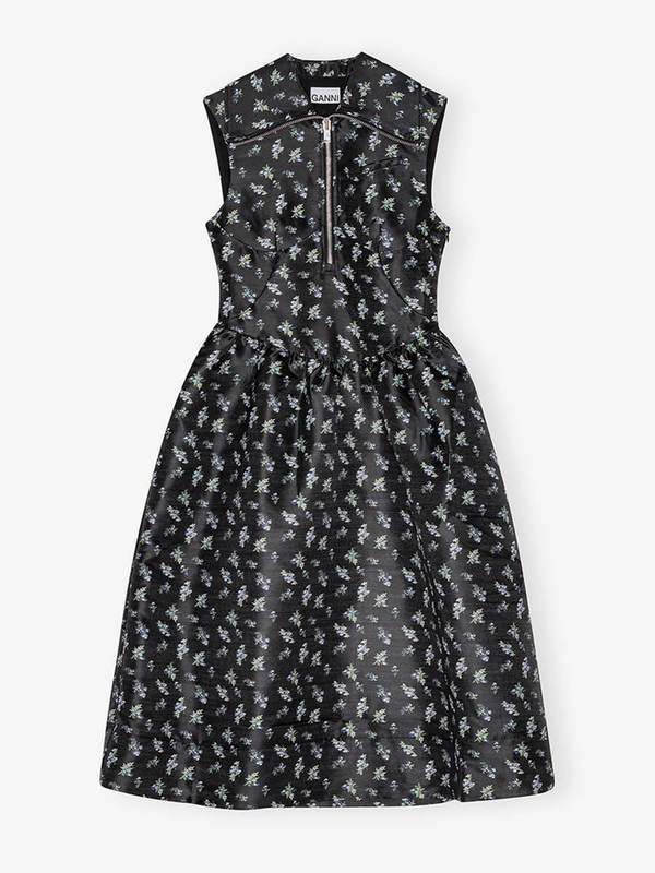 Ganni Black Floral Jacquard Midi Dress | Garmentory