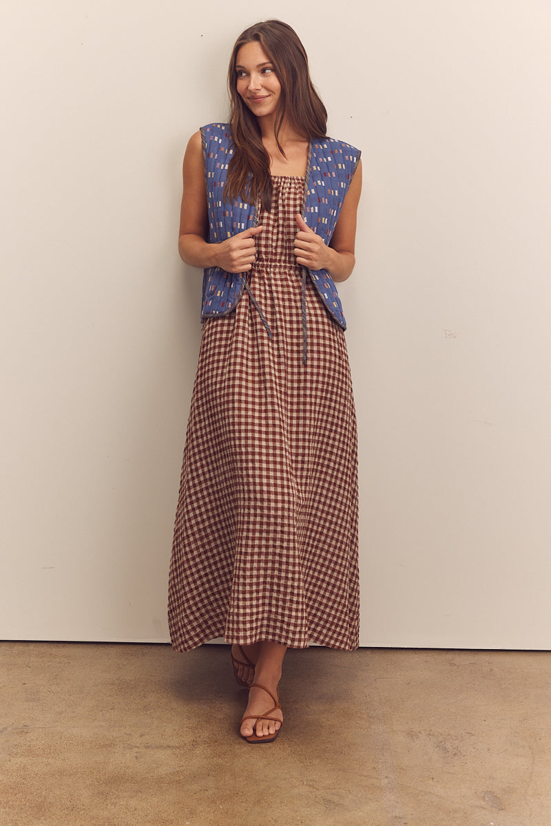 amente Front Shirring Gingham Cami Dress - Brick | Garmentory
