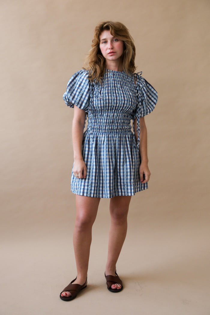 DAMSON MADDER Becca Bubble Mini Dress - Blue Margot Gingham