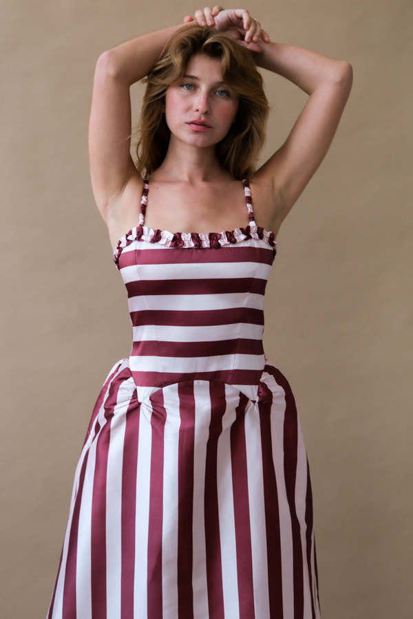 DAMSON MADDER Rachel Ruffle Midi Dress - Pink/Burgundy Stripe | Garmentory