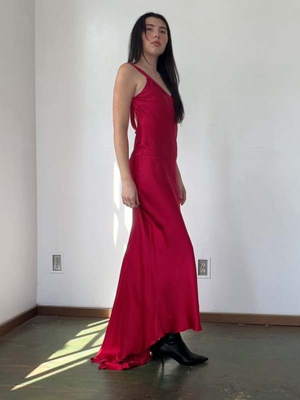 Vintage Cherry Silk Strappy Maxi Dress - Cherry Red