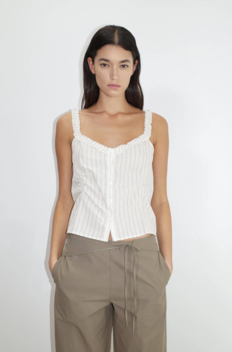 Deiji Studios Ruffle Button Top - Butter / Blue Stripe