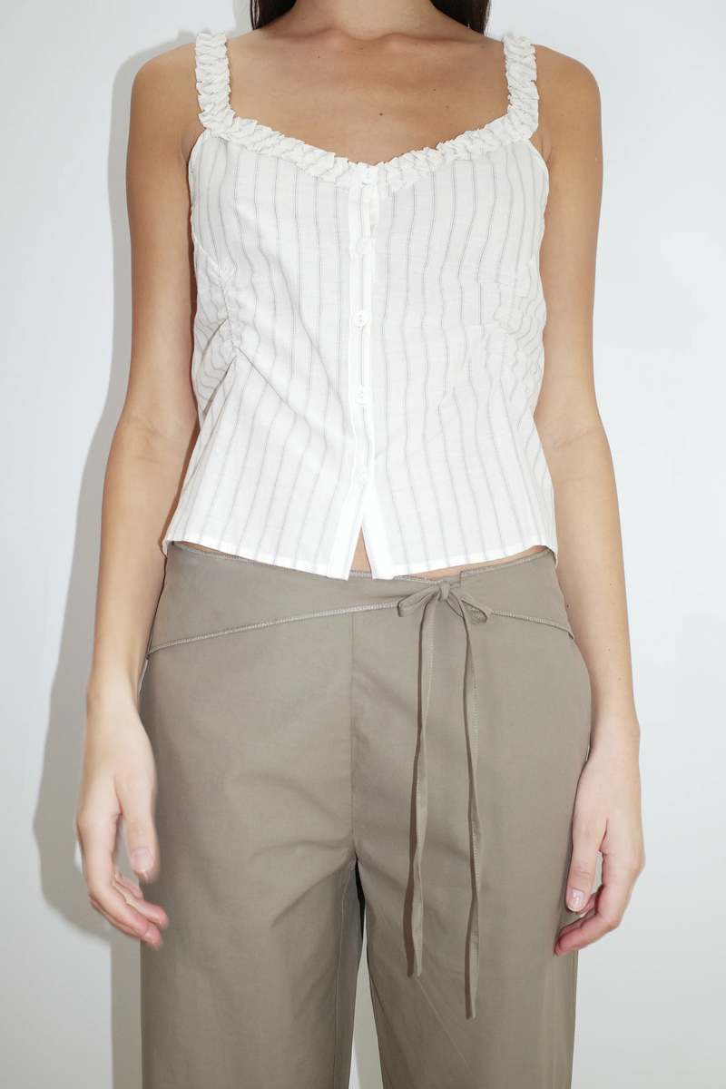 Deiji Studios Ruffle Button Top - Butter / Blue Stripe