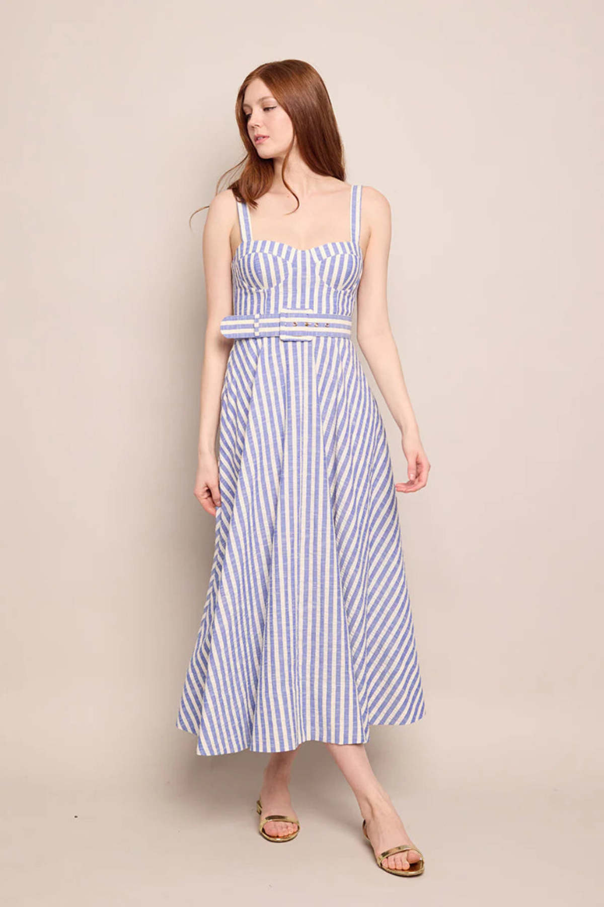 Cara Cara Calypso Dress - Ivory-Blue Striped Seersucker