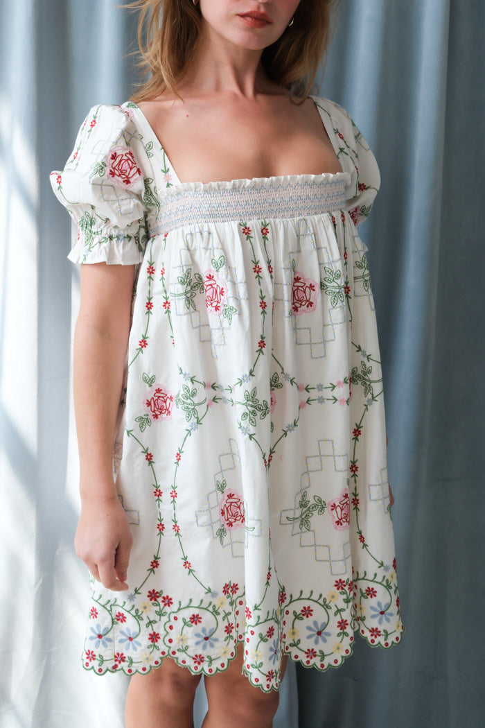 DAMSON MADDER Lulu Mini Dress - White Rose Embroidery