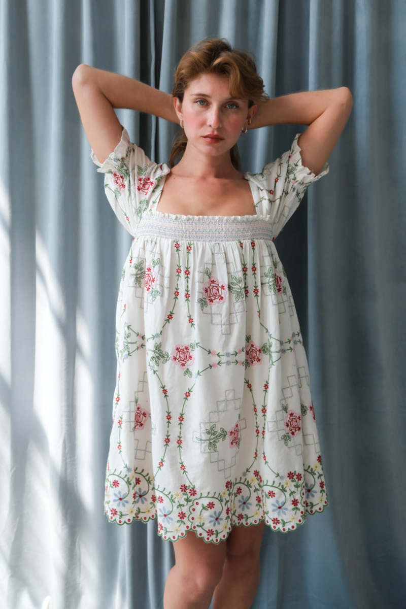 DAMSON MADDER Lulu Mini Dress - White Rose Embroidery