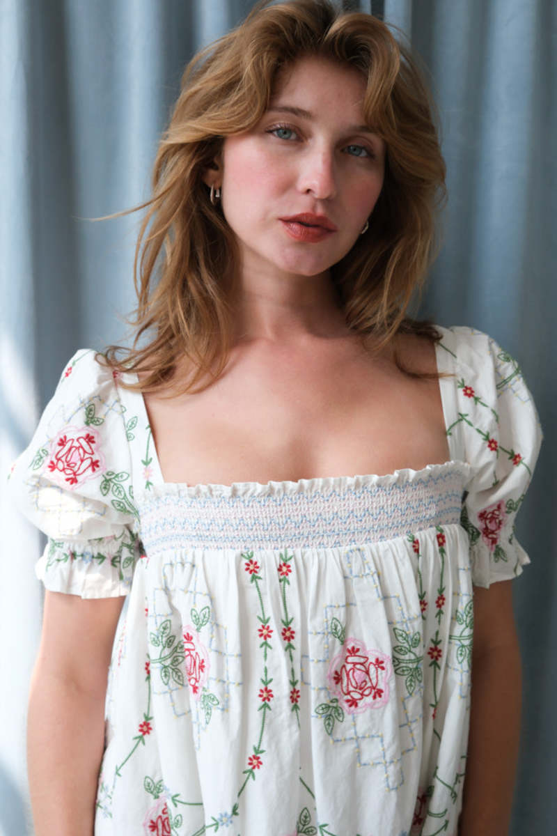 DAMSON MADDER Lulu Mini Dress - White Rose Embroidery
