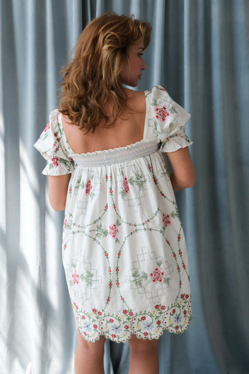 DAMSON MADDER Lulu Mini Dress - White Rose Embroidery