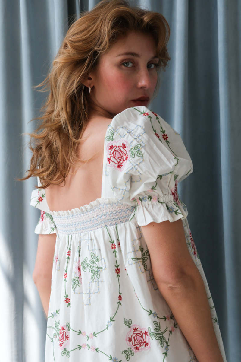 DAMSON MADDER Lulu Mini Dress - White Rose Embroidery