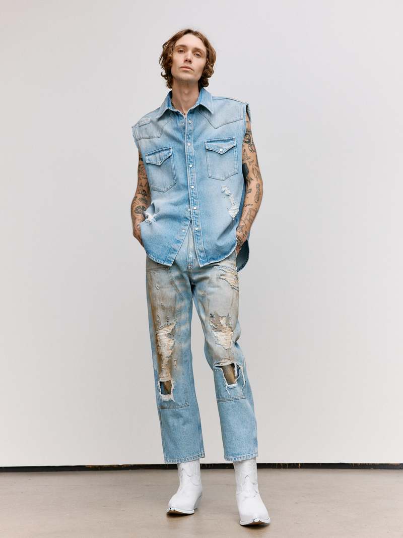 トップス MM6 Maison Margiela Cutoff Denim Top MM6 Maison Margiela Distressed Denim Sleeveless Shirt - Blue
